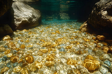 Clear riverbed under water rocks
