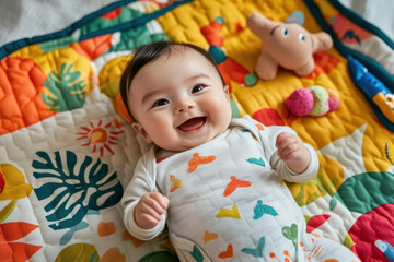 Baby laying on a colorful quilt, surrounded by toys and books, giggling happily.