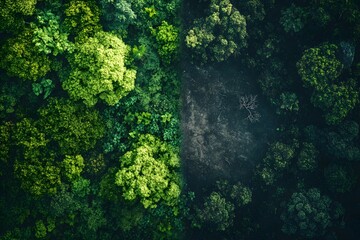Aerial view of lush green forest contrasting with a barren landscape representing environment damage