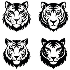 Illustration of Four Black and White Tiger Faces with Varying Line Thickness