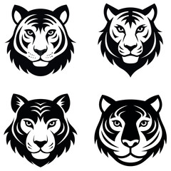 Four Black and White Tiger Head Illustrations, Format, Isolated on White Background