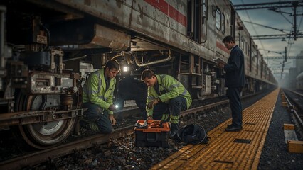Fototapeta premium Workers Inspecting Train on Platform with Supervisor Reviewing Documents