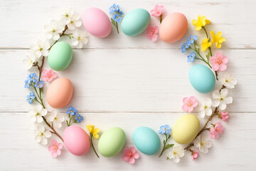 Flat lay composition of pastel-colored Easter eggs arranged in a wreath with blooming spring flowers on a white rustic wood background