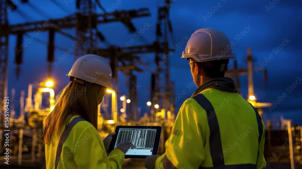 Poster engineers collaborate at power station while reviewing data on tablet during evening hours, male and