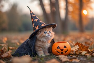 Adorable kitten in witch costume with pumpkin for halloween in autumn park