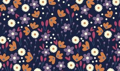 Colorful Floral Seamless Pattern on Dark Background – Cute Hand-Drawn Spring Flower Design.