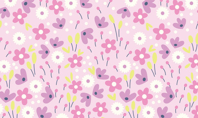 Cute Spring Floral Seamless Pattern on Soft Pink Background – Hand-Drawn Pastel Flower Design.