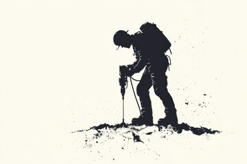 Construction worker using a jackhammer on a building site during the day, creating dust and noise as part of urban development project