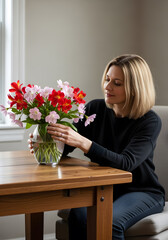 Woman sits on a chair next to a table with a vase of flowers on it. The flowers are a mix of red and pink, and they are arranged in a way that makes them look like they are blooming