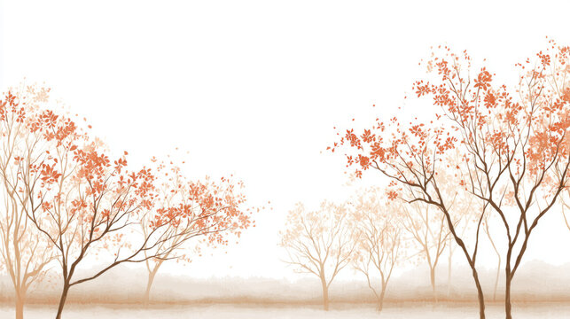 Fototapeta watercolor outline of bare trees with scattered red-orange leaves and soft golden fog