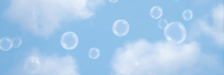 tranquil blue background with translucent soap bubbles gently drifting among delicate foam clouds