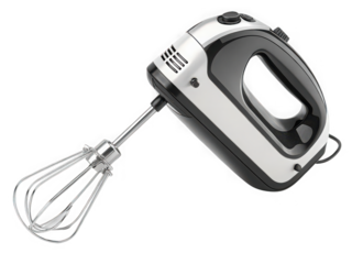 Modern black and silver hand mixer with whisk attachment, isolated