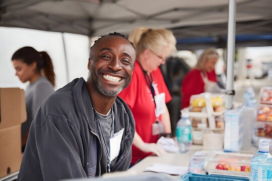 Volunteer event portrait smiling man helping community charity work food drive assistance program support charac