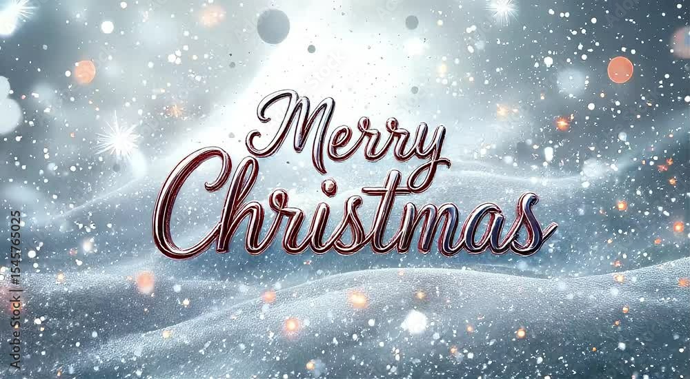 Poster animated merry christmas text with snowfall and bokeh lights background