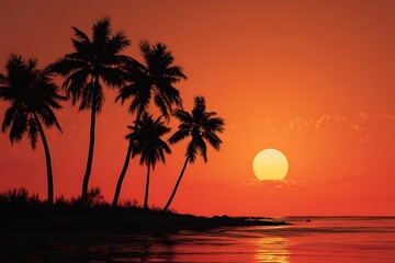 Beautiful tropical sunset scene with palm trees silhouette and ocean view for travel and vacation 