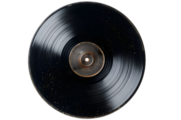 Black vinyl record with visible scratches and dust, isolated on transparent background, representing vintage music and analog sound