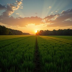 Fototapeta premium Lush green field at sunset with sunbeams.