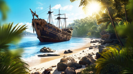 Naklejka premium Old ship in the sea, A sailing ship anchored at the beach, pirate ship sailing on the sea