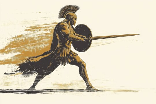 Ancient warrior in battle stance with shield and spear during a dynamic confrontation against a backdrop of a stylized ancient battlefield