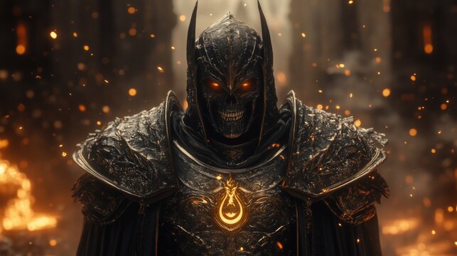 Dark armored warrior with a skull helmet and glowing orange eyes, fiery background.