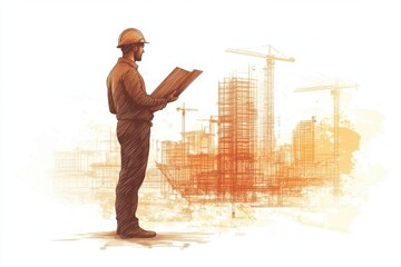 Construction worker reviews blueprints at a large building site during the afternoon, surrounded by cranes and developing structures