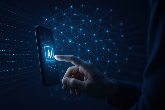 Side-angle photo of hand interacting with floating AI interface