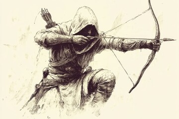 Dynamic archer in a hood aiming his bow with precision in a misty environment during twilight