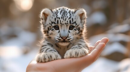 Obraz premium Tiny snow leopard cub in a hand, snowy blurred background.