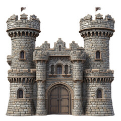 Majestic Stone Castle with Two Towers and Wooden Gate isolated on a transparent background