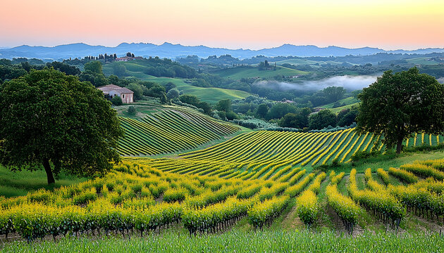 Picturesque rolling hills vineyard sunrise landscape