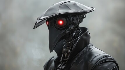 Fototapeta premium Robotic plague doctor with glowing red eyes, side profile.