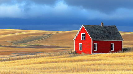 Red farmhouse in golden wheat field under dramatic sky