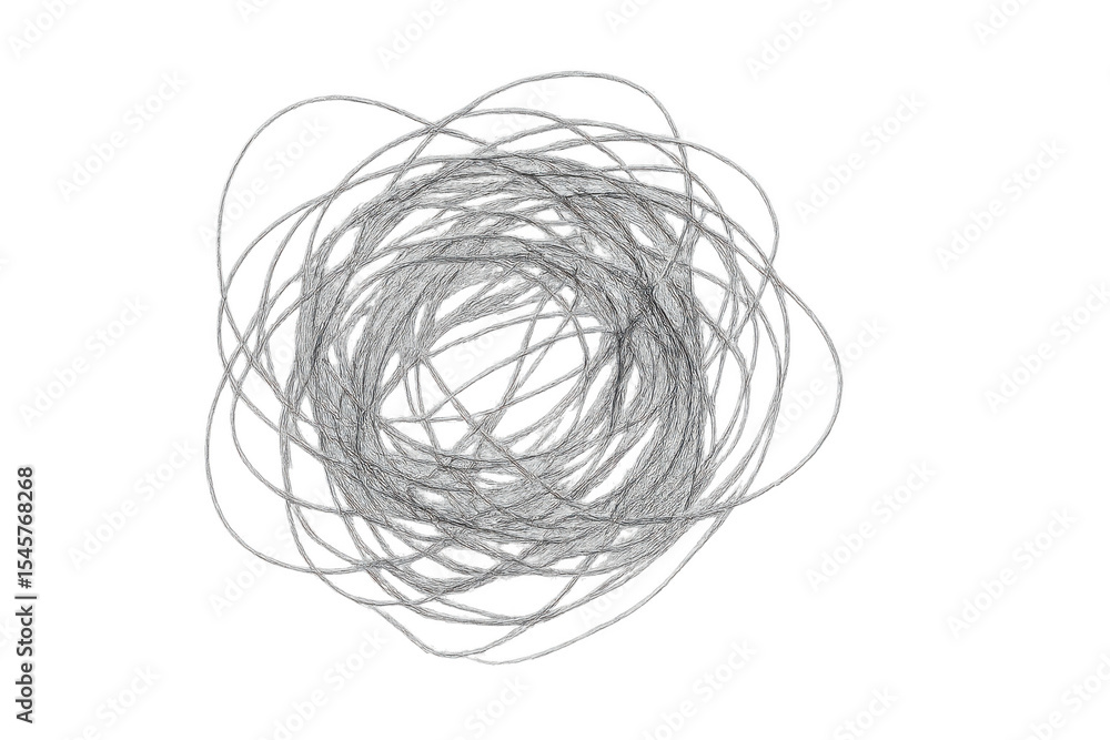 Poster tangled string forming a chaotic yet intriguing circular shape, isolated on a transparent background