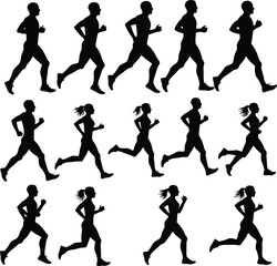 Running silhouette set of male and female joggers, fitness and exercise illustration, group of runners in motion, vector health concept, sports workout design