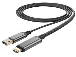 Braided USB-C to USB-A charging cable, gray connectors, coiled, modern design