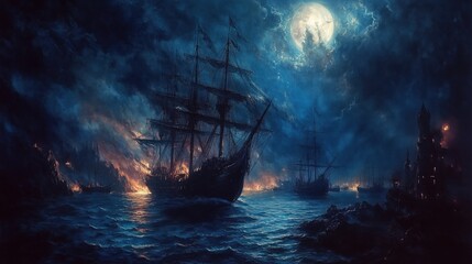 Fototapeta premium Epic scene of sailing ships in a stormy sea battle at night under a full moon.
