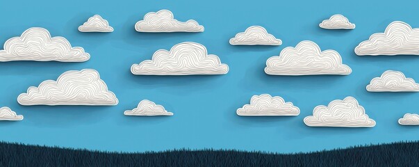 Fototapeta premium A textured creative asset of white clouds floating in a blue sky above a dark green grassy field.
