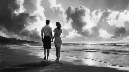 Couple walking hand in hand along the beach at sunset, sharing a moment of connection and joy, Young couple talking, walking along the beach, pointing at something Cinematico - Powered by Adobe