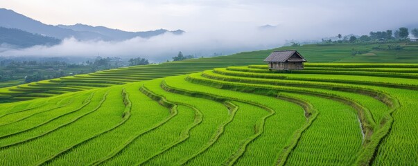 Fototapeta premium Lush green terraced rice fields stretch across the landscape with a solitary wooden hut under a misty, mountainous sky.