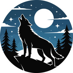 Howling wolf silhouette at night isolated on white background