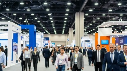 Business Convention with Crowds of Attendees Walking Through Exhibition Hall with Booths Displays and Overhead Lighting in a Large Structure - Powered by Adobe