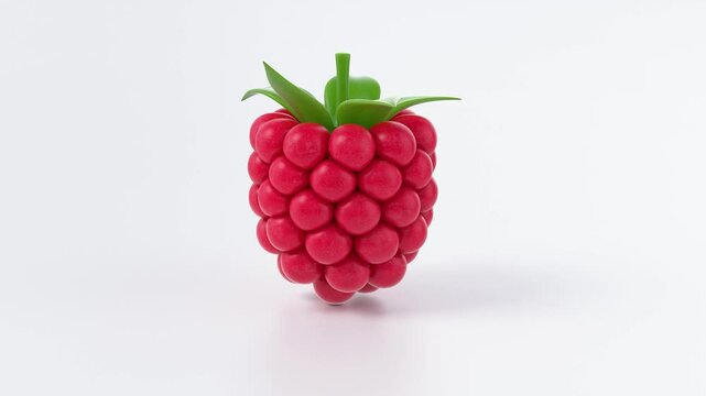A stylized, vibrant raspberry with a glossy finish and green leaves, showcasing a playful and modern design.