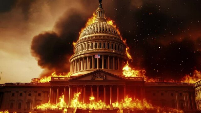 US Capitol Building engulfed in flames during intense political conflict and unrest, US Capitol Building In Fire Political Conflict