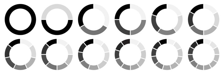 Circle division 1, 2, 3, 4, 5, 6, 7, 8, 9, 10, 11, 12 equal parts blank. Circle divided diagrams, sections, segments. Circle pie chart infographic wheel segment fraction. Infographic icons set vector.