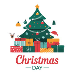 Naklejka premium Merry Christmas Decorated Tree with Presents and Snowflakes Flat Illustration