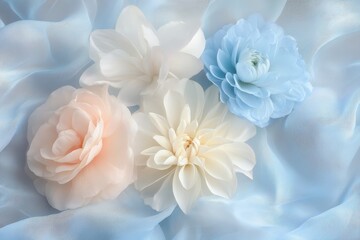 Delicate pastel flowers arranged on a light blue fabric.
