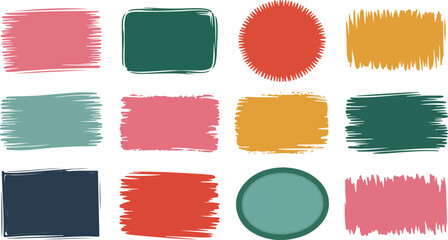 Twelve colorful hand drawn shapes silhouette isolated on white background