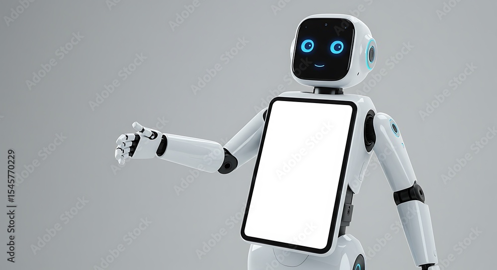 Poster modern friendly robot with blank screen displaying technology future advancements on grey backdrop