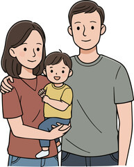 Create a Happy Family Standing Together. Woman Holding Baby, Man Hugging them. People Characters Mother, Father and Kid Family Portrait. Parenting concept. vector art with white background.