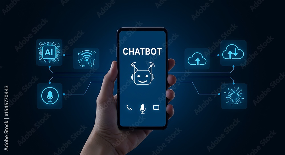 Poster hand holding mobile phone with chatbot screen and artificial intelligence icons interface